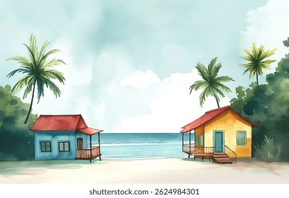 Two vibrant seaside huts stand on the sandy beach, surrounded by lush palm trees. The calm ocean waves gently lap the shore, creating a peaceful atmosphere under a cloudy sky