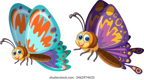 Two vibrant, smiling cartoon butterflies