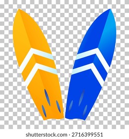 Two vibrant surfboards, one yellow and one blue, with white chevron designs, ready for the ocean.