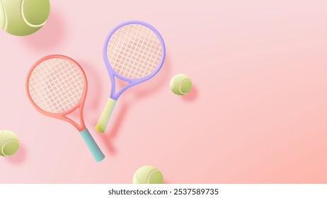 Two vibrant tennis rackets and several tennis balls are arranged on a soft pink background, creating a fun and lighthearted sports concept for tennis enthusiasts.