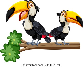 Two vibrant toucans perched on a wooden branch
