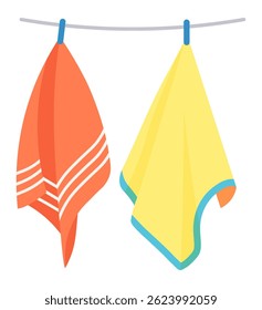 Two vibrant towels hanging on a clothesline, drying in the sun after washing, capturing the essence of household chores and the freshness of clean laundry