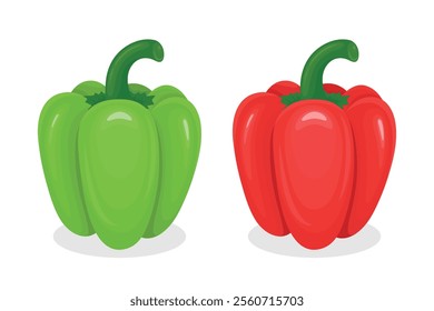 Two Vibrant Vector Cartoon Bell Peppers in Green and Red. Side View. Design Template for Food Packaging, Culinary Projects, Kitchen Designs. High-quality Bell Pepper Icon Set, Vector Illustration