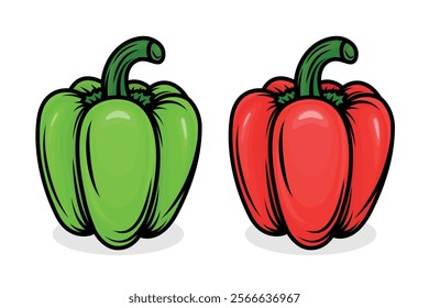 Two Vibrant Vector Cartoon Bell Peppers in Green and Red. Side View. Design Template for Food Packaging, Culinary Projects, Kitchen Designs. High-quality Bell Pepper Icon Set, Vector Illustration