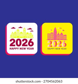 Two vibrant vector graphic illustrations one in white with a yellow city skyline and the other in yellow with a pink city skyline celebrate the arrival of the year 2026 .