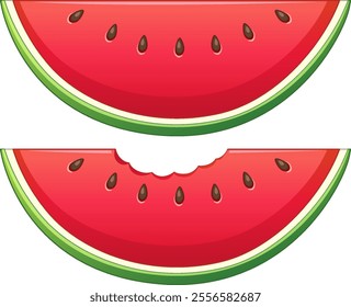 Two vibrant watermelon slices, one with a bite