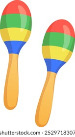 Dos vibrantes maracas de madera con colores a rayas de rojo, amarillo y azul se colocan una al lado de la otra, ideales para agregar ritmo a un evento musical o fiesta animada.