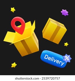 Two vibrant yellow delivery boxes are shown, one open, next to a location pin, highlighting the convenience of online shopping and delivery,3d vector illustration.