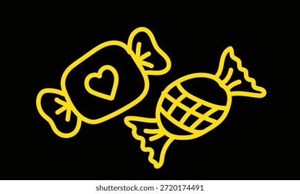 Dois desenhos em contorno amarelo vibrante de doces envoltos, um adornado com um coração e o outro com um padrão de grade, destacam-se contra um fundo preto, simbolizando doçura e afeto.