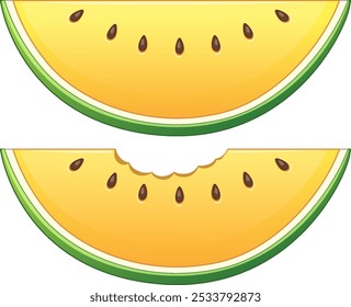 Two vibrant yellow watermelon slices with seeds