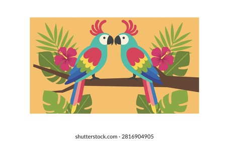 Two vibrantly colored tropical macaws or parrots perched on a tree branch surrounded by lush pink hibiscus flowers and green palm leaves.