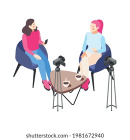 Two video bloggers shooting video while talking in front of cameras isometric vector illustration