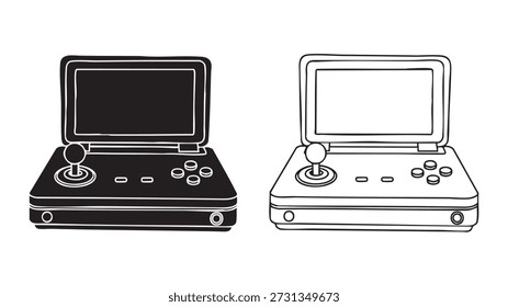 Two video game consoles with screens and controllers isolated on white background