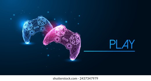 Two video game controllers are emitting a soft glow in the dark against a deep blue background. Esports futuristic concept in glowing low polygonal style on dark blue background. Vector illustration.