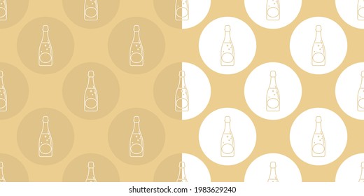 Two view seamless pattern of bottle of champagne in flat style in form of thin lines. In the form of background is circle of color drinks. Wallpaper pattern beverages. Template for restaurant party.
