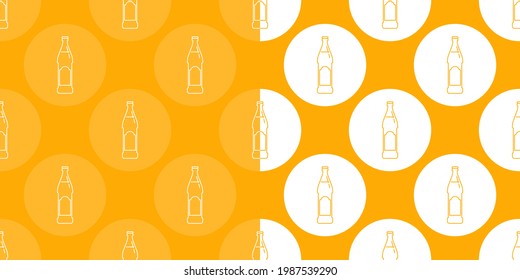 Two view seamless pattern of bottle of beer in flat style in form of thin lines. In the form of background is circle of color drinks. Wallpaper pattern beverages. Template for restaurant pub party.
