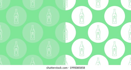 Two view seamless pattern of bottle of vermouth in flat style in form of thin lines. In the form of background is circle of color drinks. Wallpaper pattern beverages. Template for restaurant party.
