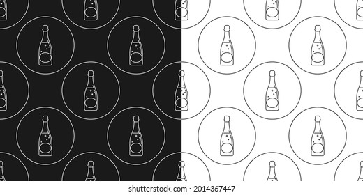 Two view seamless pattern of bottle of champagne in flat style in form of thin lines. In the form of background is circle. Repeat wallpaper pattern beverages. Black and white template for restaurant.
