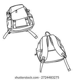 Zwei Ansichten eines Rucksacks sind in einer sauberen, technischen Strichzeichnung dargestellt, die seine Merkmale und sein Design aus verschiedenen Blickwinkeln zeigt.