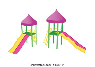 two views of a colorful playground slide with straight and wavy slides, platform and ladder