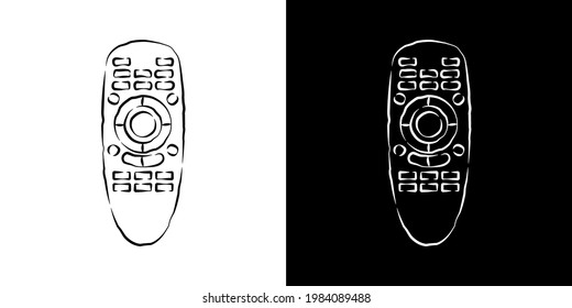 Two views hand remote control. Multimedia panel with shift buttons. Program device. Wireless console. Sketch of universal electronic controller. Hand drawn illustration on white and black background. svg