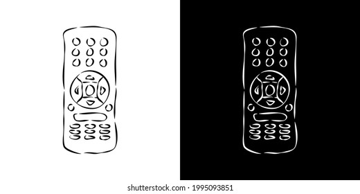 Two views hand remote control. Hand drawn illustration on white and black background. Multimedia panel with shift buttons. Program device. Wireless console. Sketch of universal electronic controller.
 svg