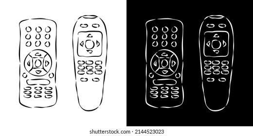 Two views hand remote control. Hand drawn illustration on white and black background. Multimedia panel with shift buttons. Program device. Wireless console. Sketch of universal electronic controller.
 svg
