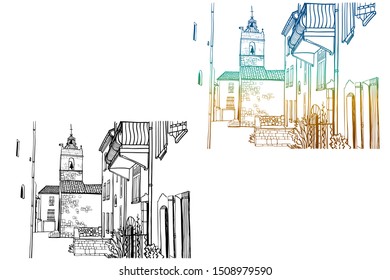 Two Views of the old city in Provence. The walls of the ancient fortress and romantic houses. Urban line sketch. Hand drawn style. Colorful and black and white vector illustration on white background