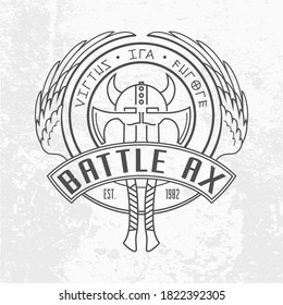 Two Viking Battle Axes And Horned Helmet Linear Logo Design. Round Shield With Valkyrie Wings. Military Emblem On Light Grey Wall Background