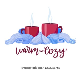 Two vinous mugs in knitted scarf. Composition of 2 cups with lettering Warm wishes and cozy. Cups, wrapped in warm scarf. Atmosphere for relax tea party. Flat cartoon illustration on white background