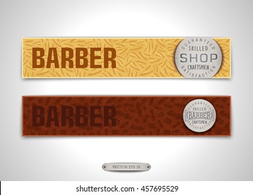Two vintage banners for Barbershop with metal emblem and print from shaving brush and razor. Vector illustration
