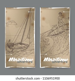 Two vintage banners with sailboat and surfer sketch. Maritime adveture series. Great for travel ads and brochures, sailing and tourist illustrations.