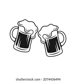 Two vintage beer mugs, emblem isolated on white background. Clinking glass. Template in monochrome flat design. Hand drawn vector illustration.