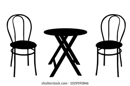 Two vintage chairs and round wooden table on white background, vector illustration