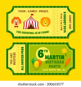 Two vintage circus carnival birthday party invitation tickets templates with clown and balloon isolated vector illustration