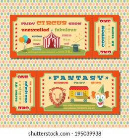 Two vintage circus  fairy show tent tickets templates with clown and exotic animals vector illustration