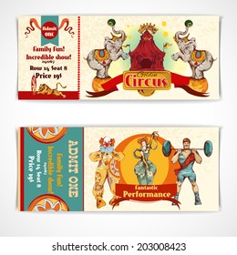 Two vintage circus incredible clown show entrance tickets templates with strongman barbells set isolated vector illustration