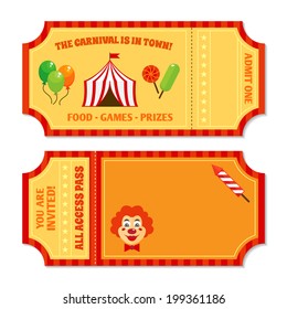 Two vintage circus tickets with clown pavilion tent balloons and candy isolated vector illustration