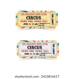 Two vintage circus tickets light blue and light pink background. Carnival banner. Event circus pass	