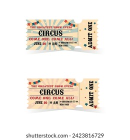 Dos entradas de circo vintage de fondo azul claro y rosa claro. Cartel del carnaval. Paso de circo de evento	
