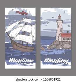 Two vintage color banners with tall ship and lighthouse sketch. Maritime adveture series. Great for travel ads and brochures, sailing and tourist illustrations.