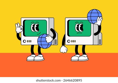 Two vintage computer characters holding internet globes, expressing happy and sad emotions cartoon vector illustration for digital connection, communication, and retro technology