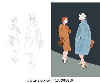 two vintage fashionable woman on the street