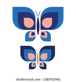 Two Vintage Geometric Butterfly Vector Illustration. Hand Drawn 60's Style Garden Insect Simple Motif. Retro Classic Light Pink and Blue Bug Wildlife Clip Art. EPS 10. 