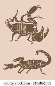 Two vintage graphical scorpions , sepia background,vector elements