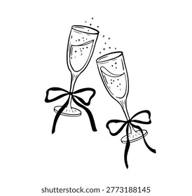 Two vintage hand drawn champagne glasses with coquette bow vector line art illustration for wedding, anniversary, Christmas, New Year and Valentines day designs
