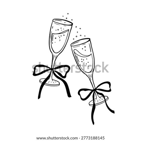 Two vintage hand drawn champagne glasses with coquette bow vector line art illustration for wedding, anniversary, Christmas, New Year and Valentines day designs
