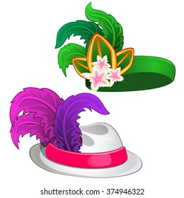 Two vintage hats with feathers. Vector.