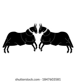 Two vintage horses in joust coat. Symmetrical animal design. Black and white silhouette.