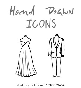 Two Vintage Mannequins - Traced Sketch Drawing. A Woman's Dress And A Man's Two-piece Business Suit On Old-fashioned Headless Mannequins. Vector Illustration Of Bride And Groom Wedding Dresses